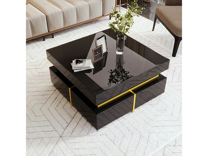 Table Basse Hautement Brillante avec Accents Dorés, Table de Salon avec Deux Tiroirs – Design Élégant et Pratique
