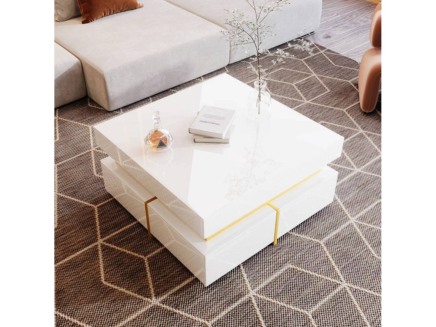 Table Basse Haut de Gamme avec Finition Brillante, Table d'Appoint avec 2 Tiroirs et Détails Dorés, Design Moderne et Fonctionnel