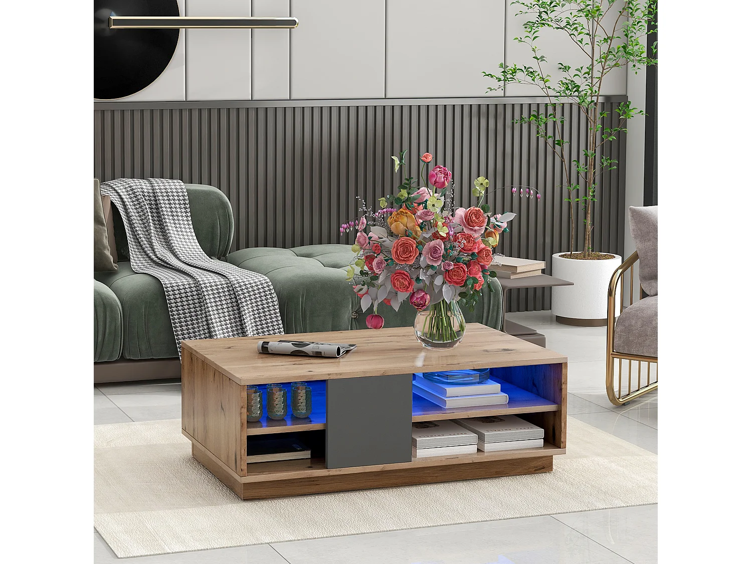 Table Basse Moderne avec Éclairage LED, Style Bois Ancien, Grand Espace de Rangement, Table d'appoint avec Télécommande, Design Log – 100x60x35 cm