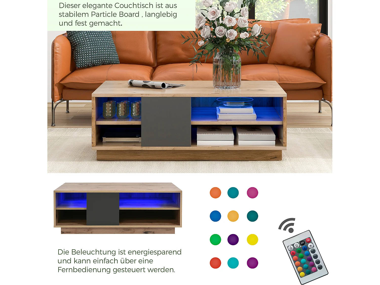 Table Basse Moderne avec Éclairage LED, Style Bois Ancien, Grand Espace de Rangement, Table d'appoint avec Télécommande, Design Log – 100x60x35 cm