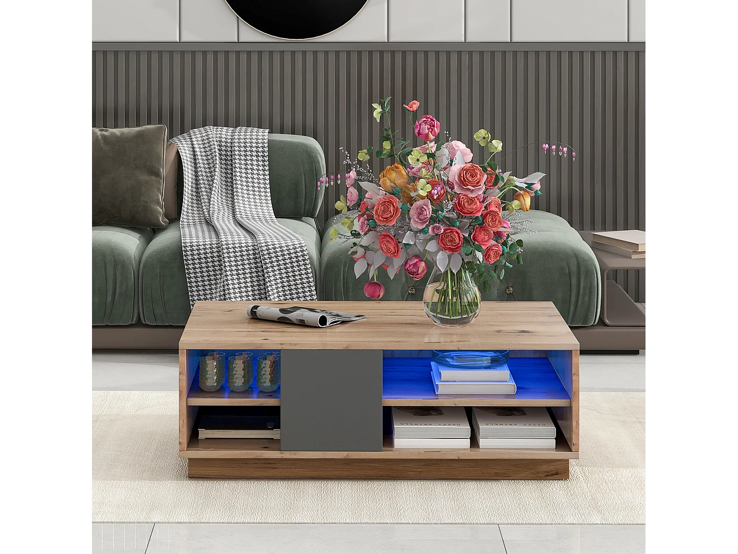 Table Basse Moderne avec Éclairage LED, Style Bois Ancien, Grand Espace de Rangement, Table d'appoint avec Télécommande, Design Log – 100x60x35 cm