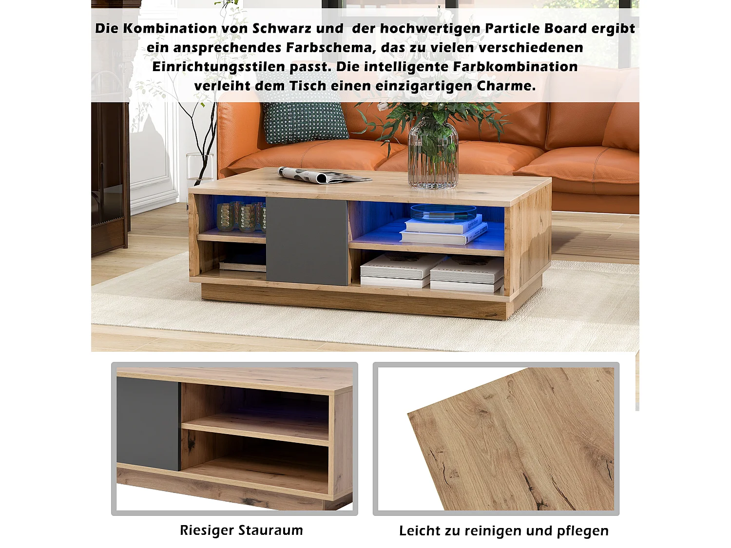 Table Basse Moderne avec Éclairage LED, Style Bois Ancien, Grand Espace de Rangement, Table d'appoint avec Télécommande, Design Log – 100x60x35 cm