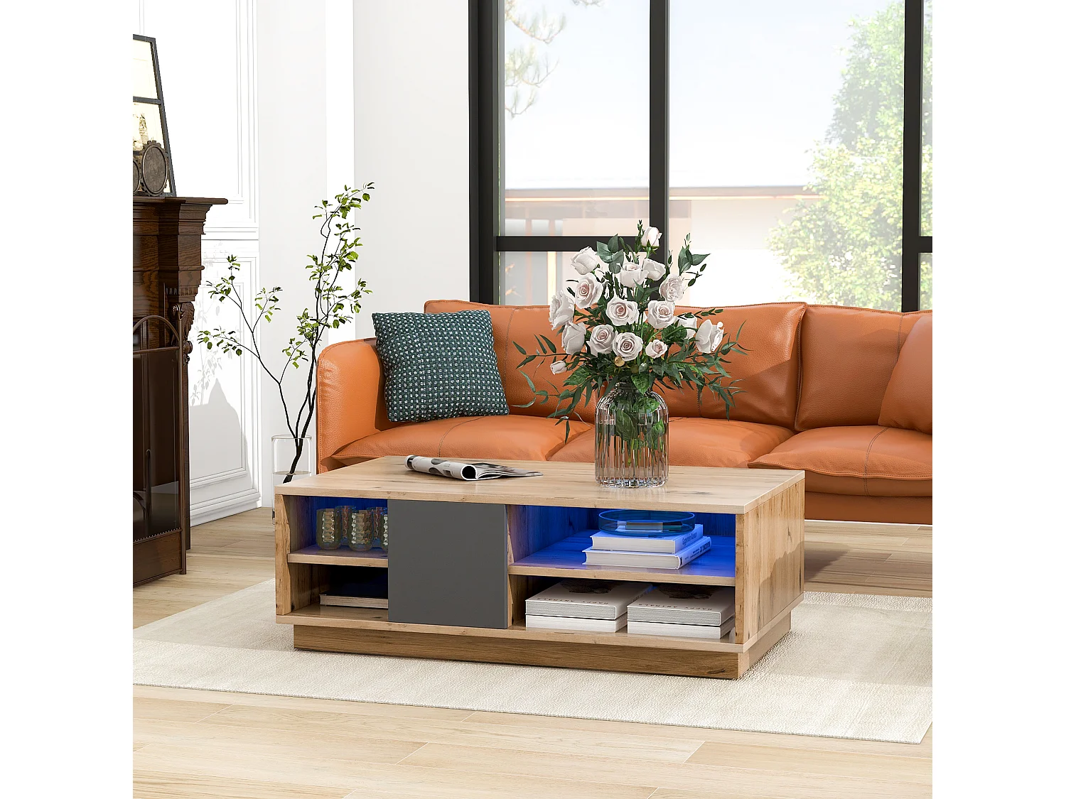 Table Basse Moderne avec Éclairage LED, Style Bois Ancien, Grand Espace de Rangement, Table d'appoint avec Télécommande, Design Log – 100x60x35 cm