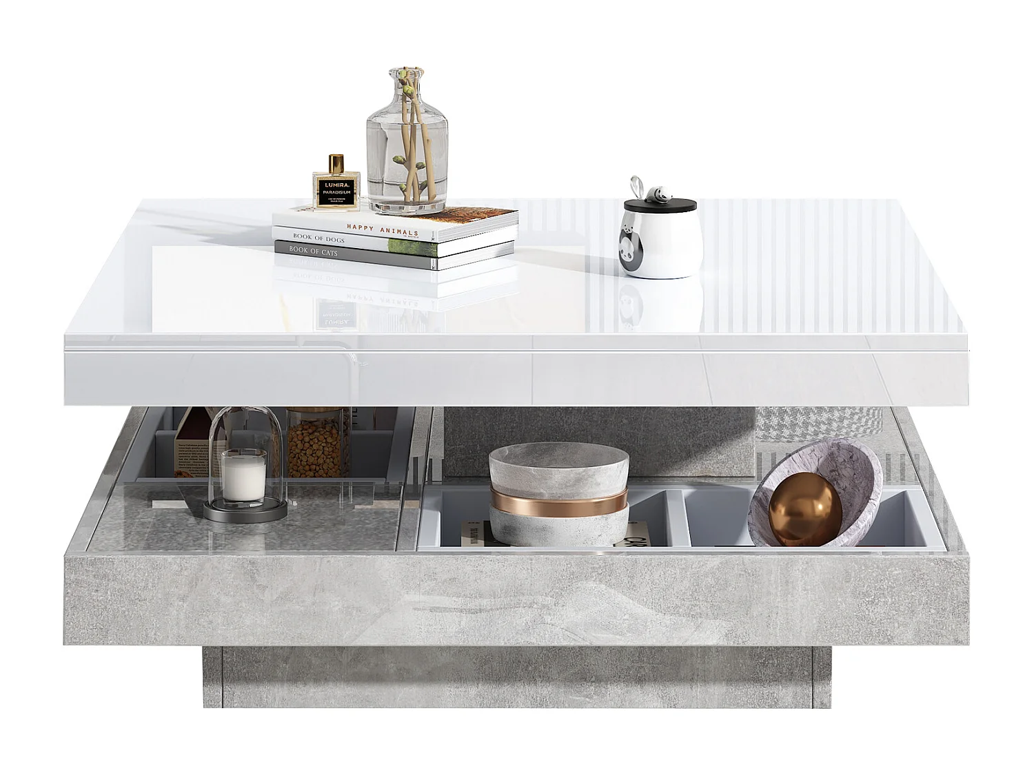 Table basse fonctionnelle à double niveau avec plateau en verre laqué, avec espace de rangement et base en MDF effet marbre, 70x70x36 cm