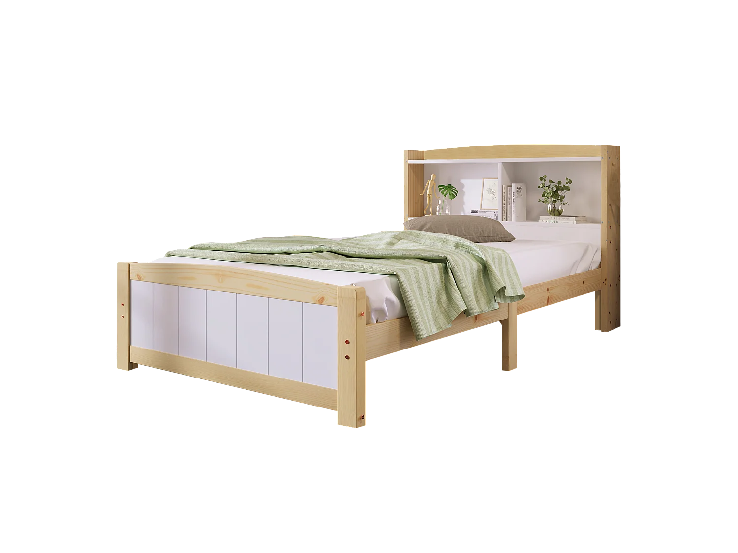Haobosic - Lit Simple en Bois Massif 90 x 200 cm avec Tête de Lit de Rangement, Cadre en Bois Naturel et Blanc, Lit pour Enfant et Adolescent