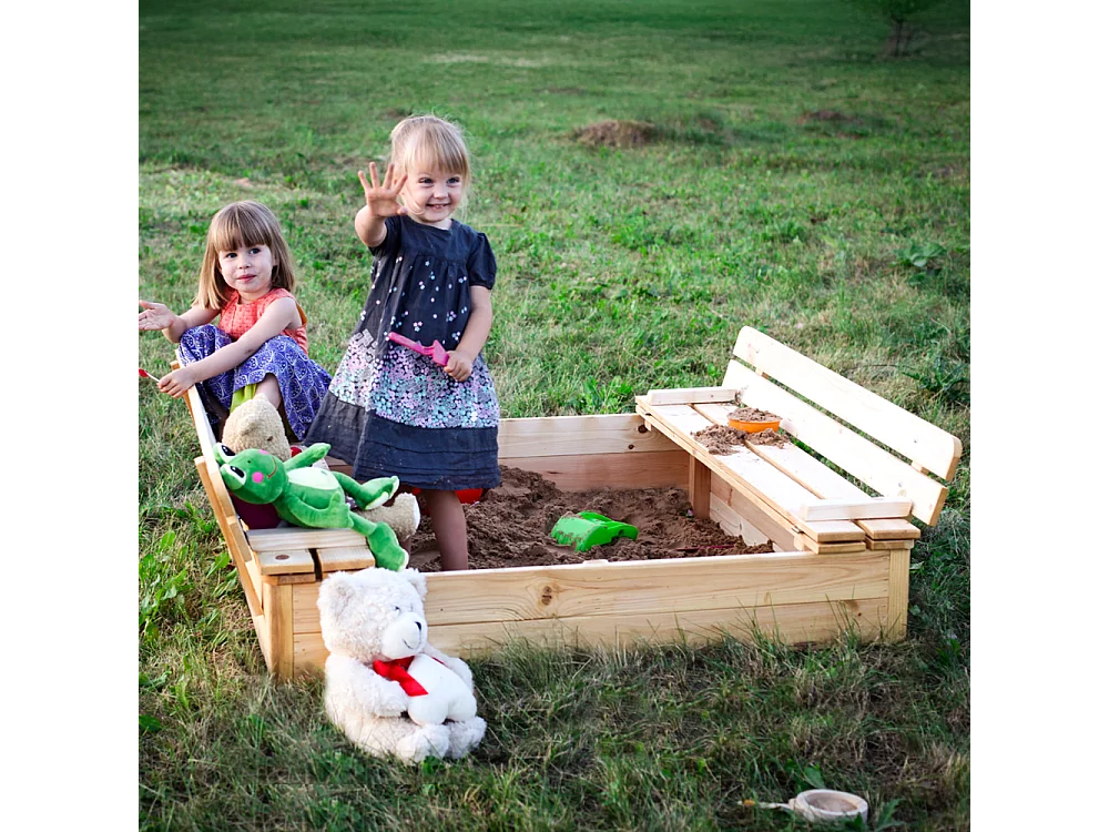 Bac à sable en bois avec couvercle et banc rabattables - 118 x 122 x H20 cm - M051-1