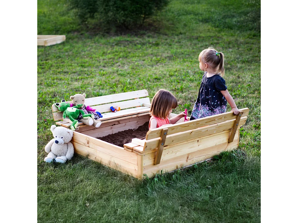 Bac à sable en bois avec couvercle et banc rabattables - 118 x 122 x H20 cm - M051-1