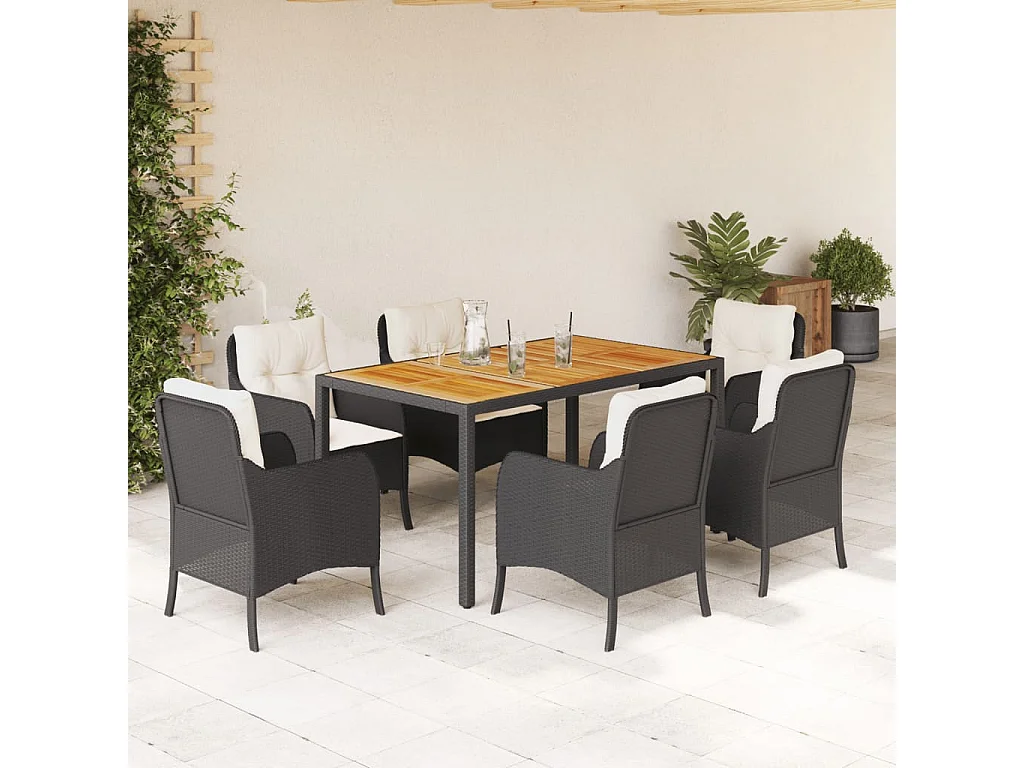7-tlg. Garten-Essgruppe mit Kissen Schwarz Poly Rattan