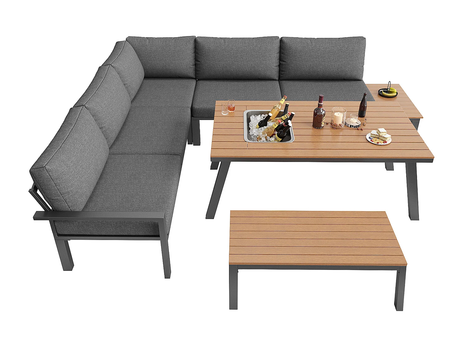 Salon de jardin pour 6-7 personnes, structure en fer zingué, table avec seau à glace