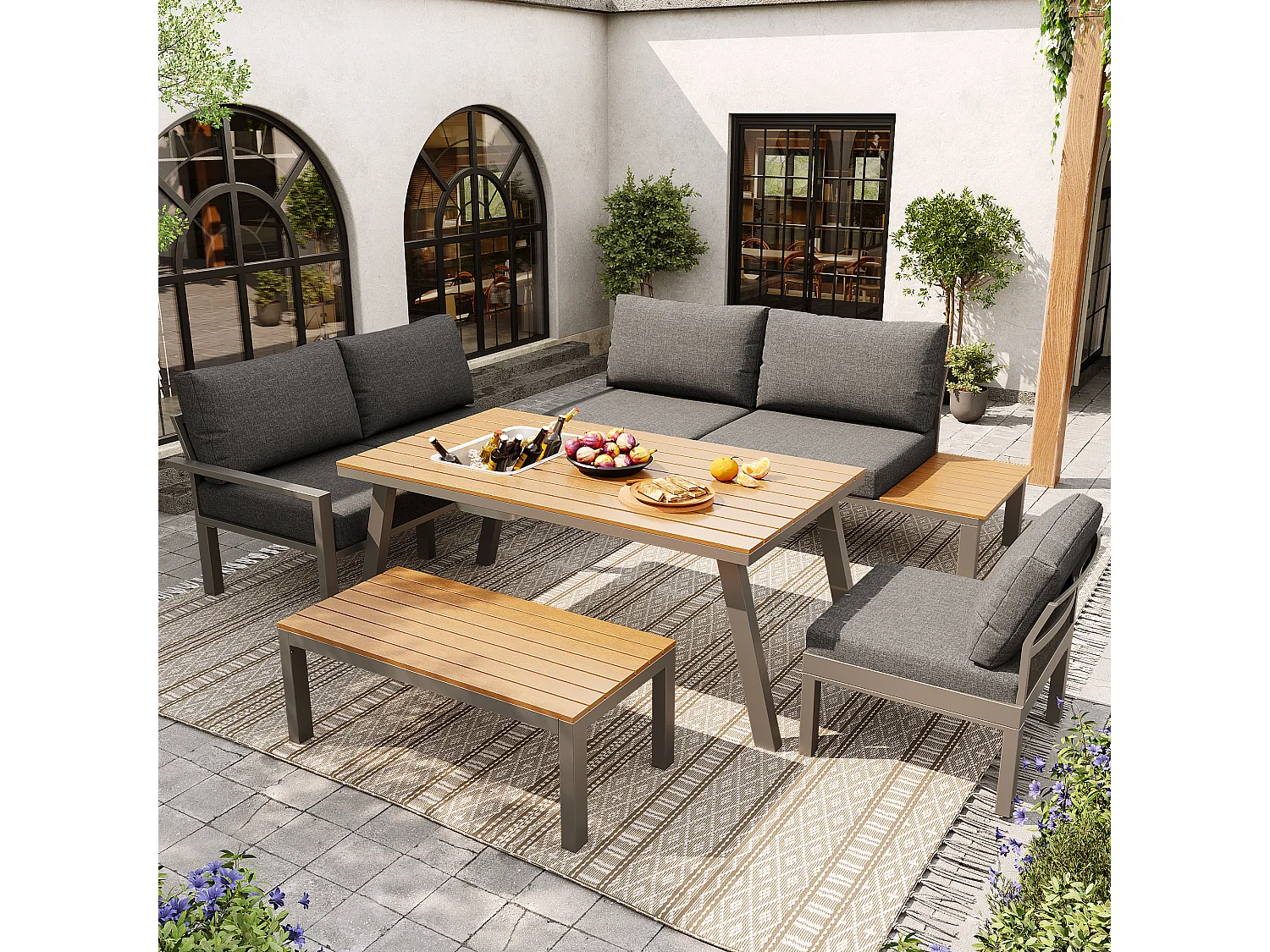 Conjunto de mobiliário de jardim para 6-7 pessoas, estrutura em ferro galvanizado, mesa com balde de gelo