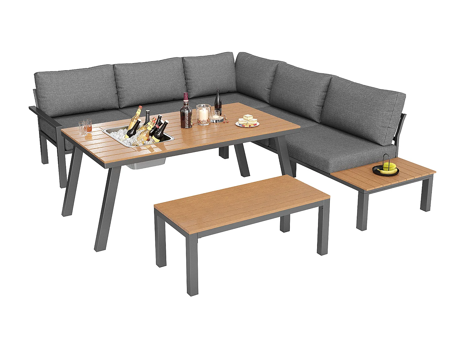 Conjunto de mobiliário de jardim para 6-7 pessoas, estrutura em ferro galvanizado, mesa com balde de gelo
