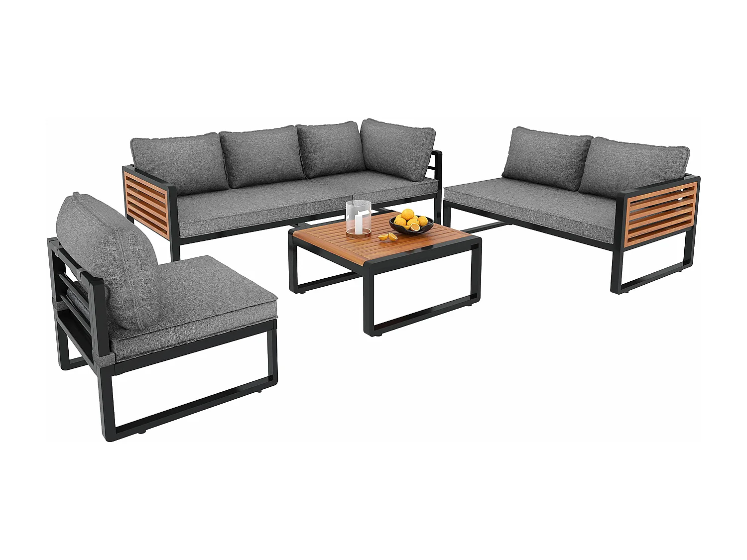 Tuinbank voor 5-6 personen met gegalvaniseerd ijzeren frame, decoratieve houten armleuningen, loungemeubels, grijs