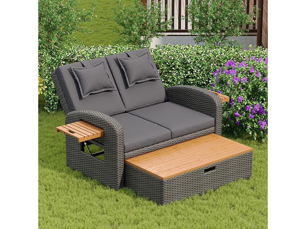 Set dubbele tuinstoelen, buitenbed met rugkussen en zitkussen