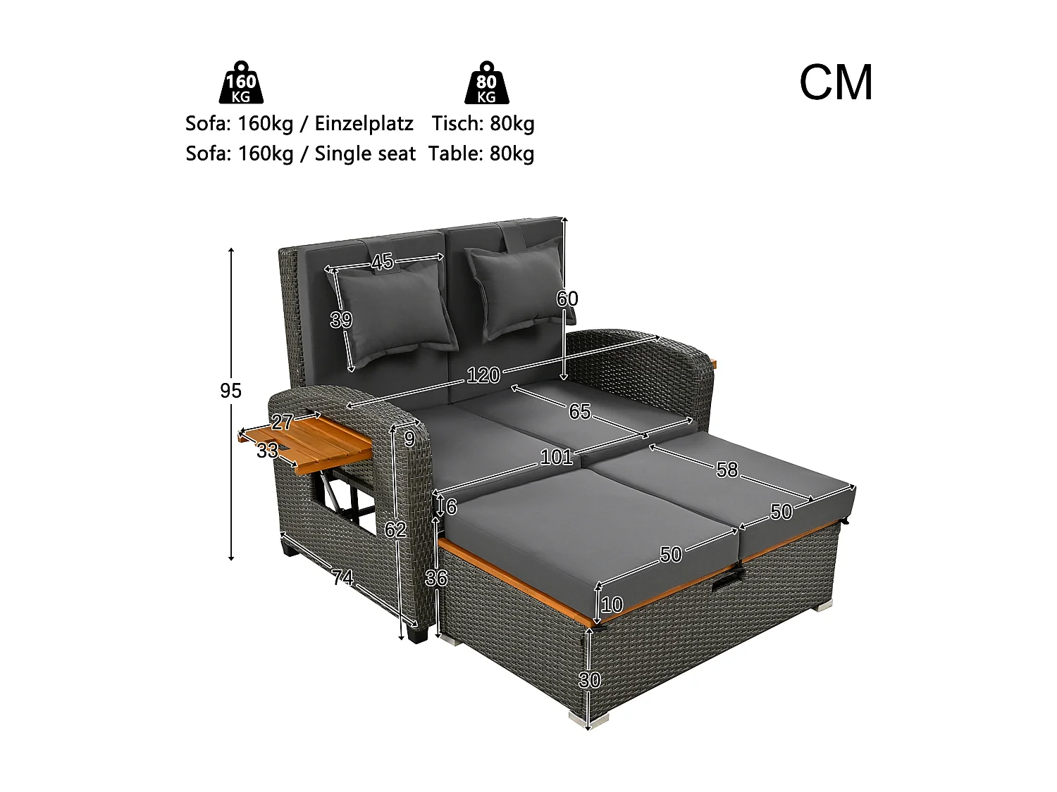 Set dubbele tuinstoelen, buitenbed met rugkussen en zitkussen