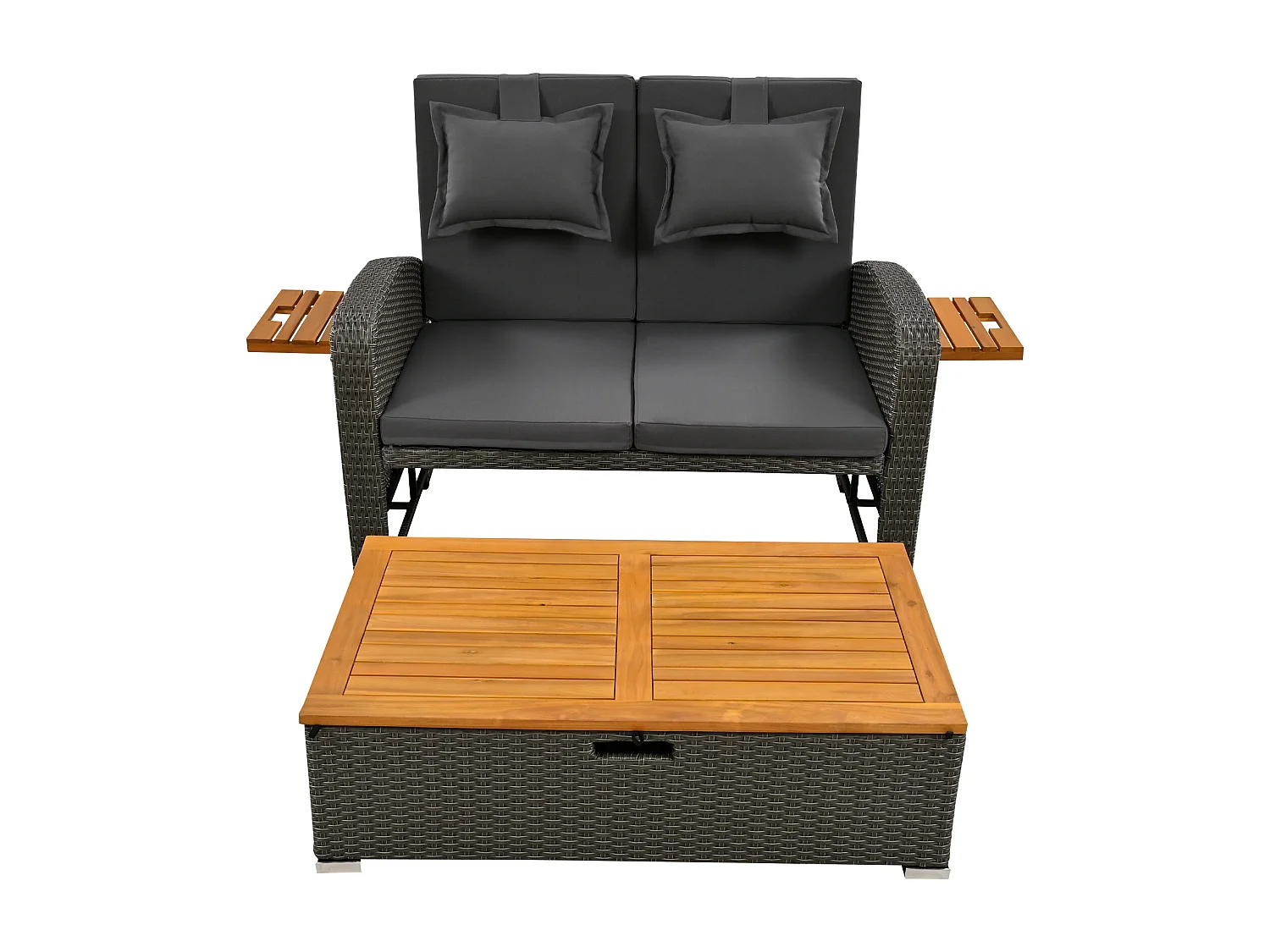 Set dubbele tuinstoelen, buitenbed met rugkussen en zitkussen