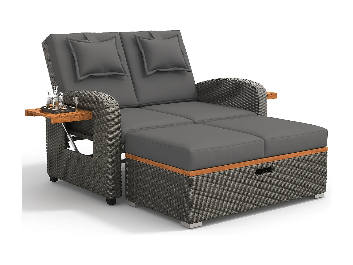 Set dubbele tuinstoelen, buitenbed met rugkussen en zitkussen