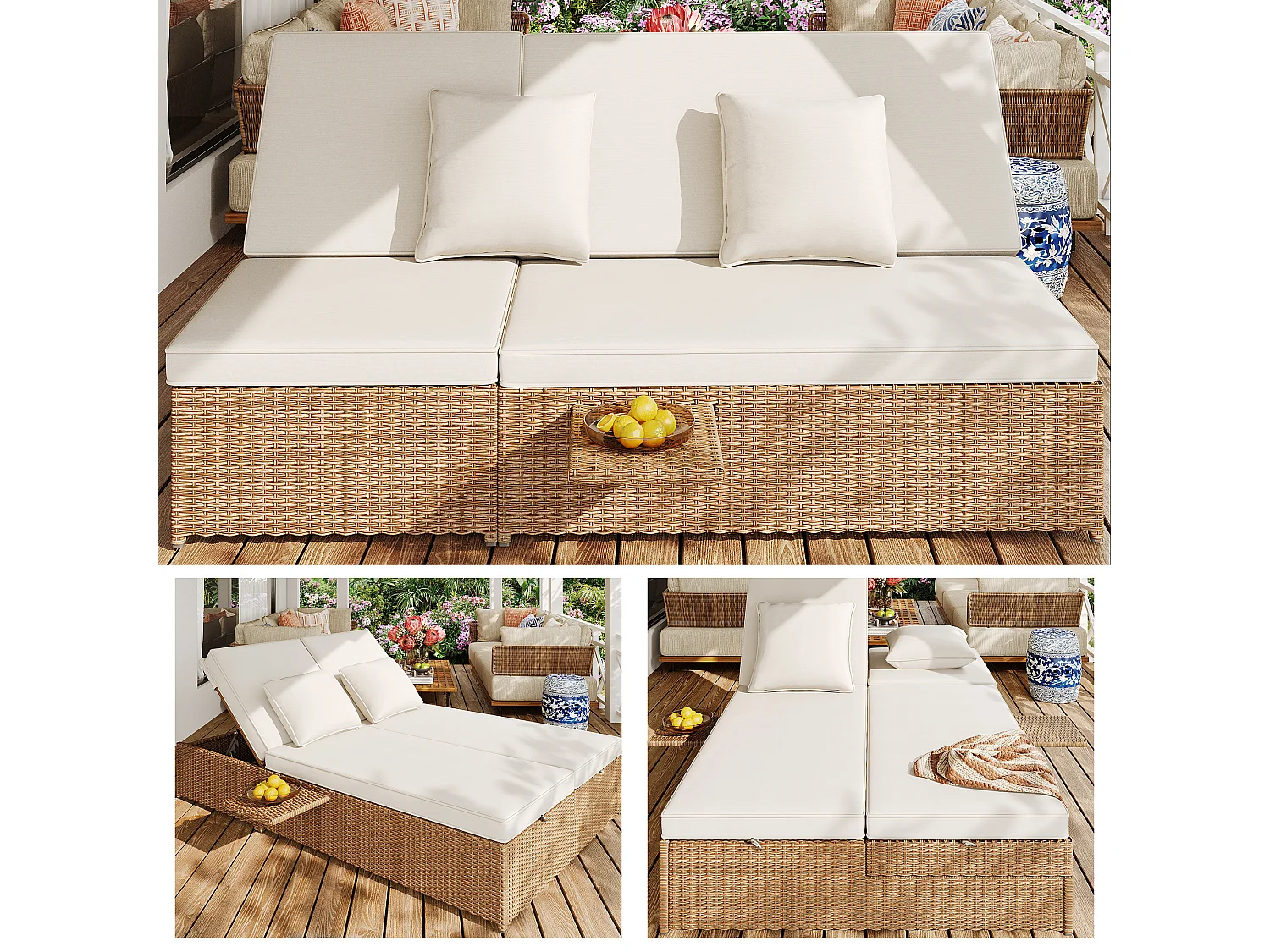 Chaise longue d'extérieur double, résistante aux intempéries, pliable avec coussin, blanche