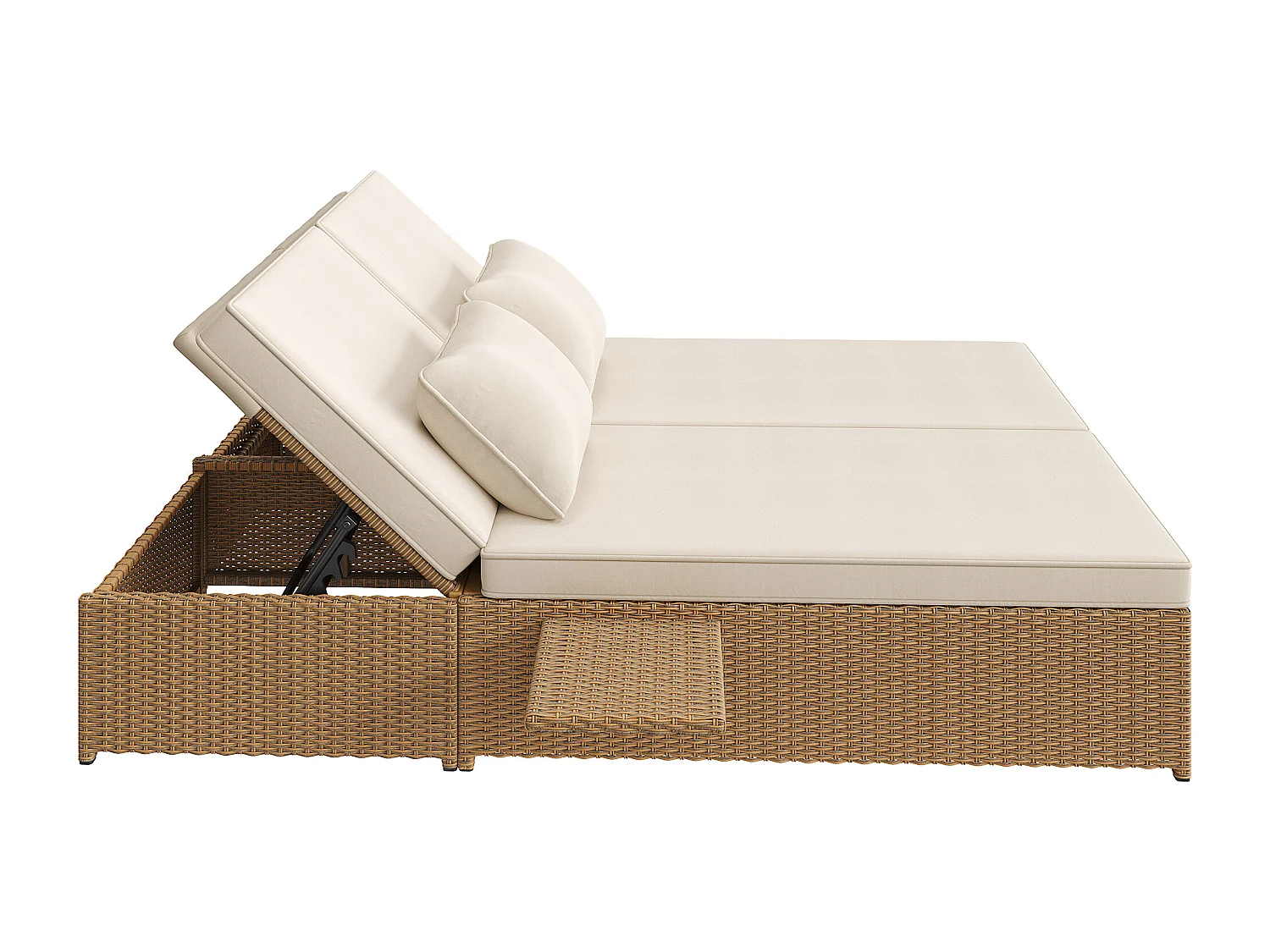 Chaise longue d'extérieur double, résistante aux intempéries, pliable avec coussin, blanche