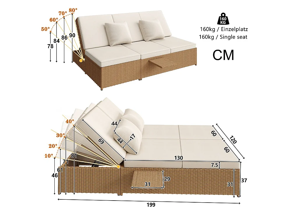 Chaise longue d'extérieur double, résistante aux intempéries, pliable avec coussin, blanche
