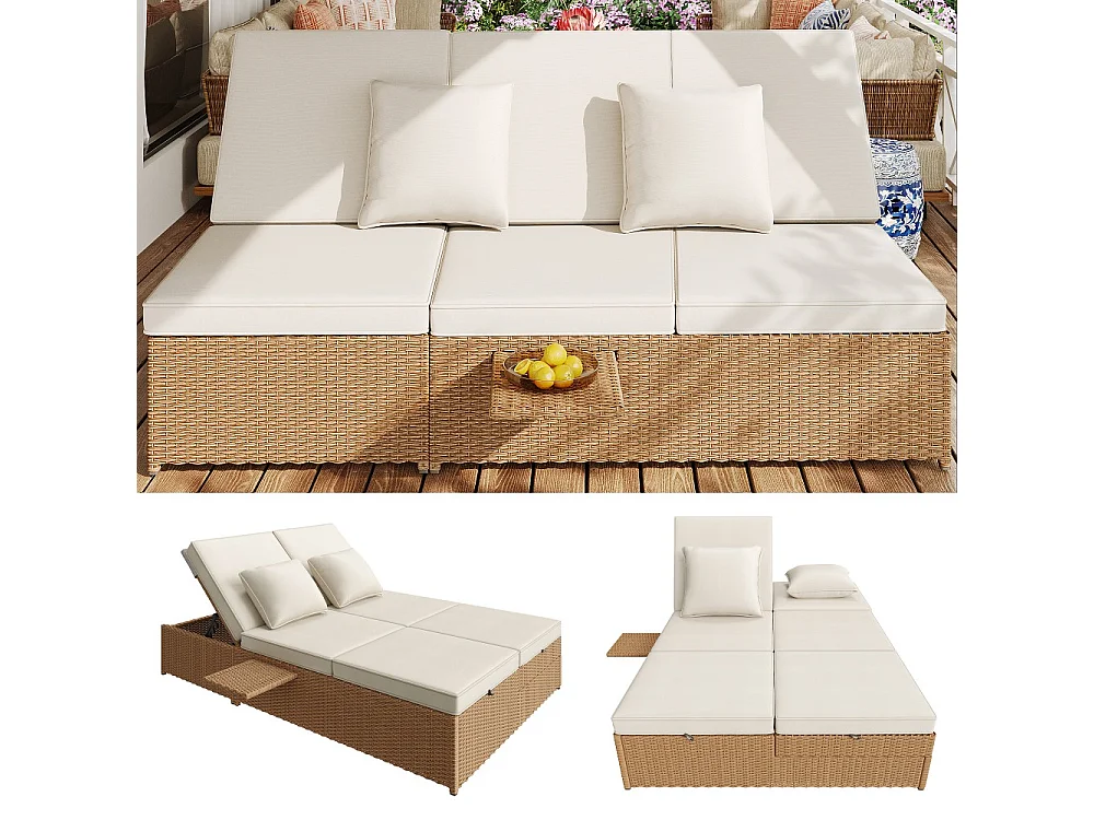 Chaise longue d'extérieur double, résistante aux intempéries, pliable avec coussin, blanche