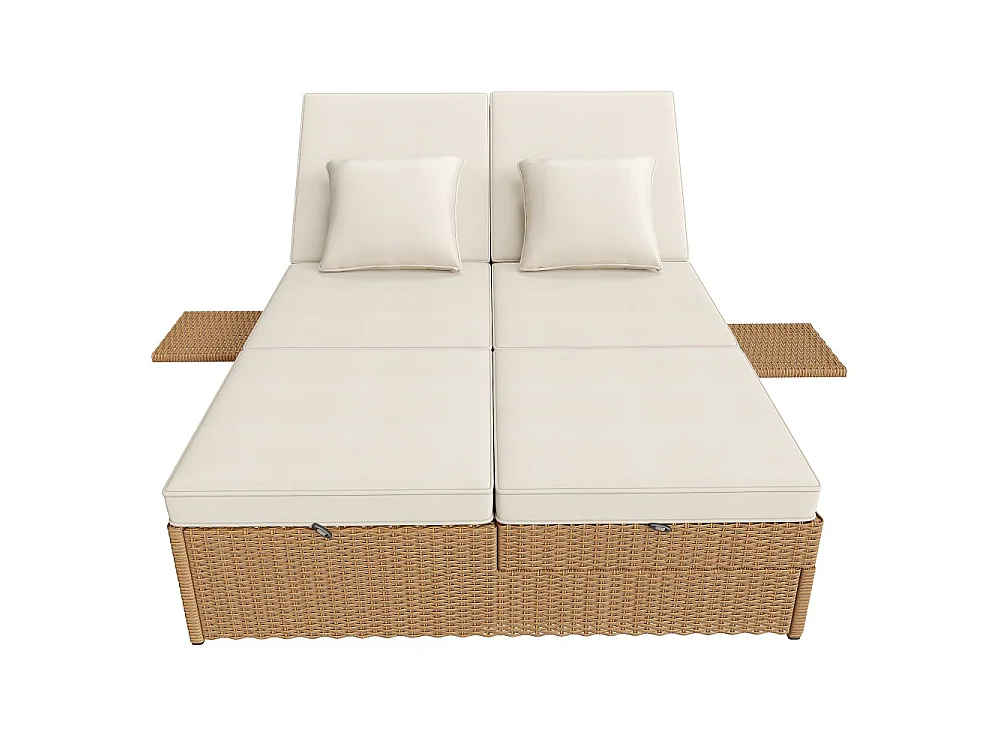 Chaise longue d'extérieur double, résistante aux intempéries, pliable avec coussin, blanche