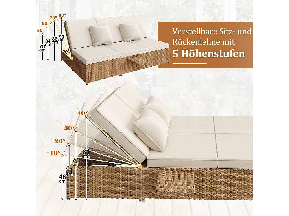 Chaise longue d'extérieur double, résistante aux intempéries, pliable avec coussin, blanche