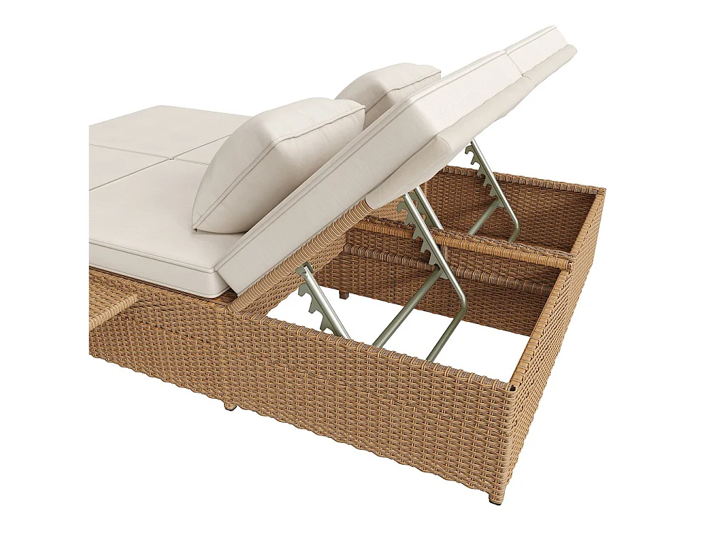 Chaise longue d'extérieur double, résistante aux intempéries, pliable avec coussin, blanche
