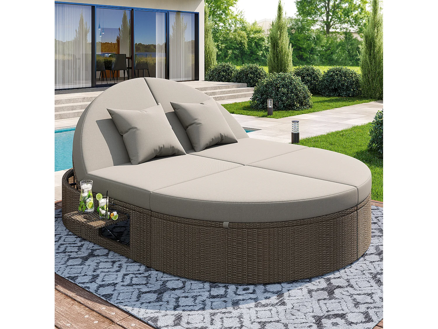 Chaise longue dupla em rotim com mesa de apoio, mesa dobrável para 2 pessoas, ângulos reguláveis individualmente