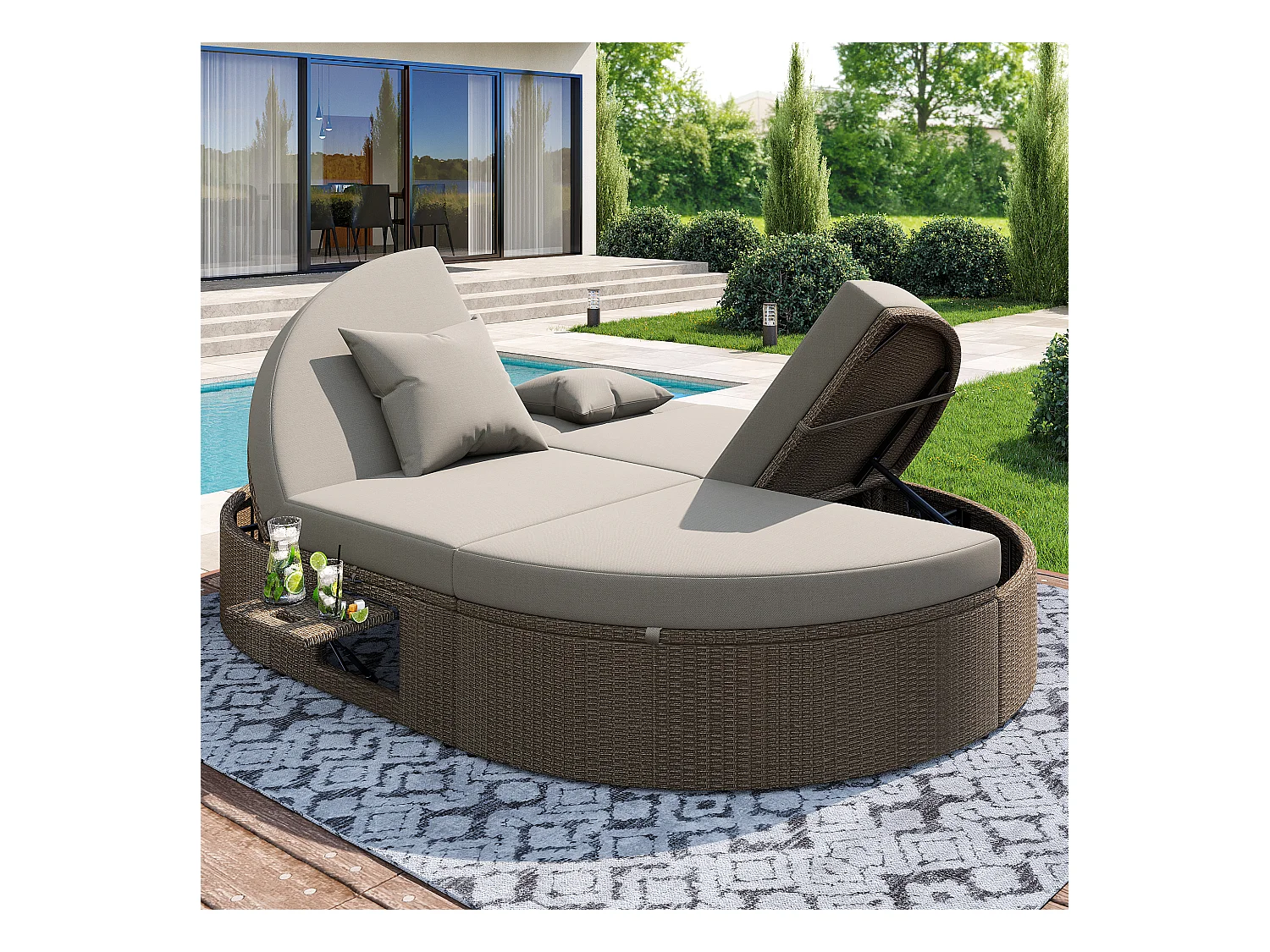 Chaise longue dupla em rotim com mesa de apoio, mesa dobrável para 2 pessoas, ângulos reguláveis individualmente