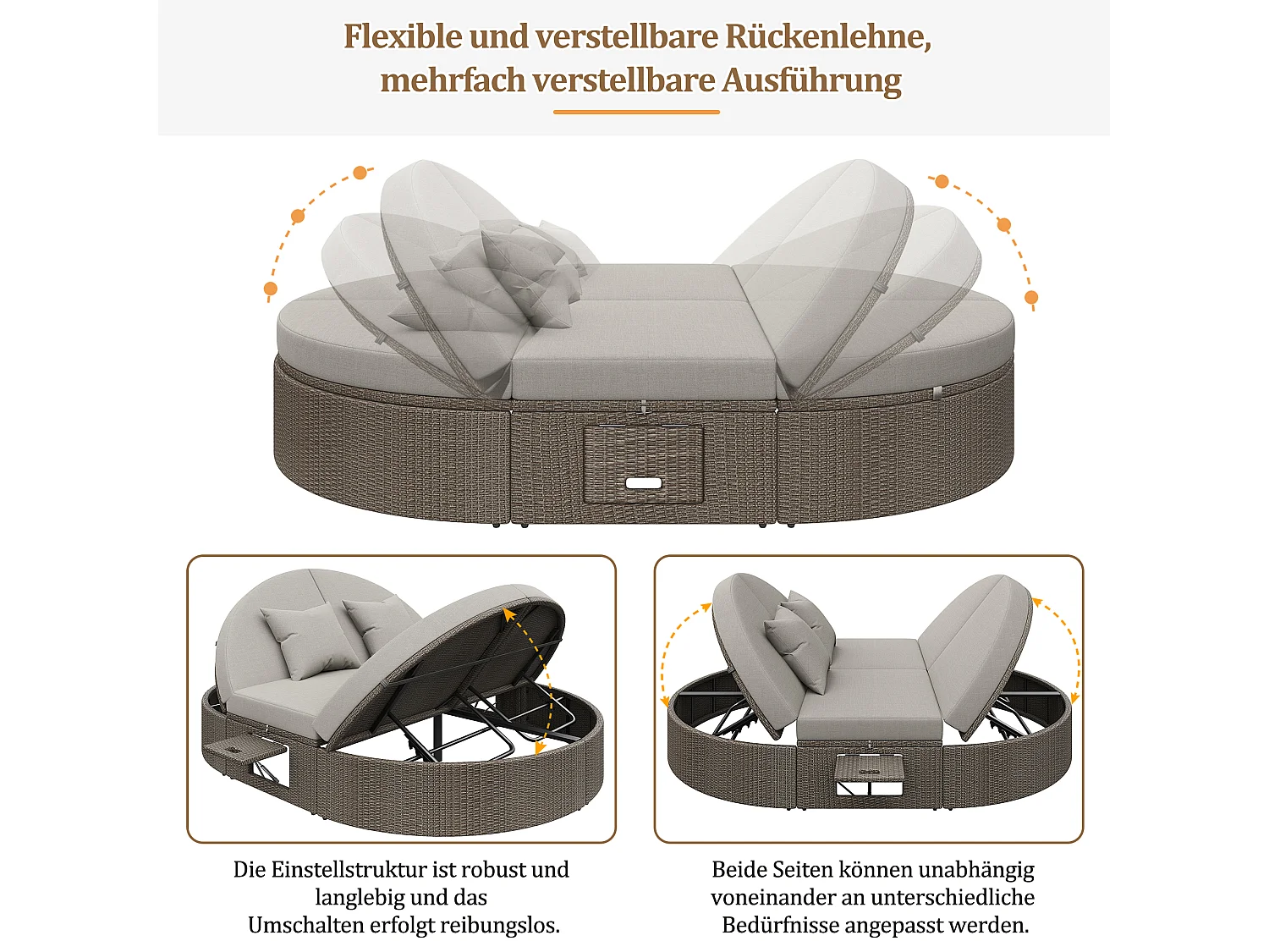 Chaise longue dupla em rotim com mesa de apoio, mesa dobrável para 2 pessoas, ângulos reguláveis individualmente