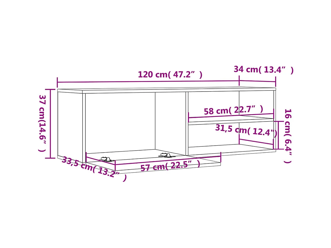 Mebel TV Dąb Dymiony 120x34x37 cm z Półką i Przestrzenią Wystawienniczą