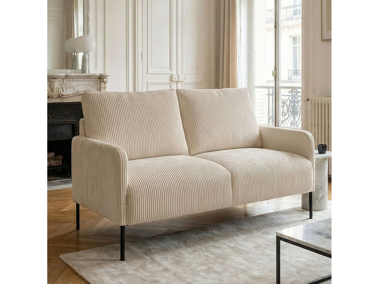 Moderne 2-Sitzer-Sofa Manuelo aus Ripp-Velours in Beige
