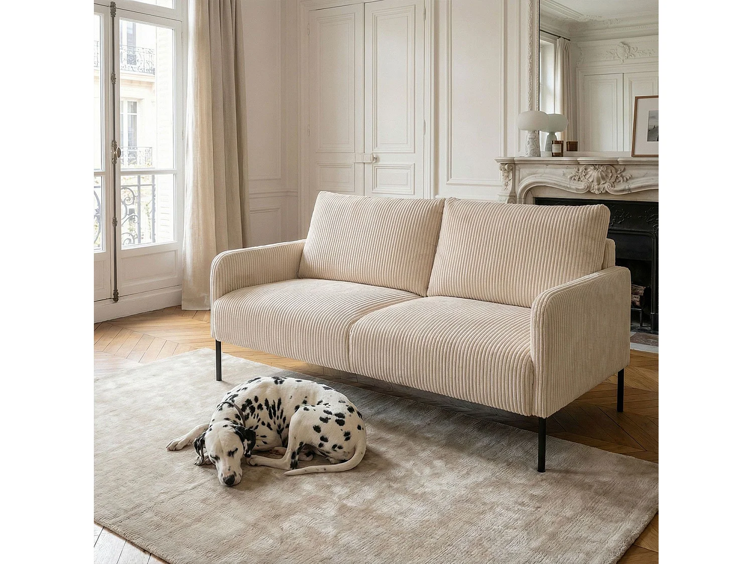 Moderne 2-Sitzer-Sofa Manuelo aus Ripp-Velours in Beige