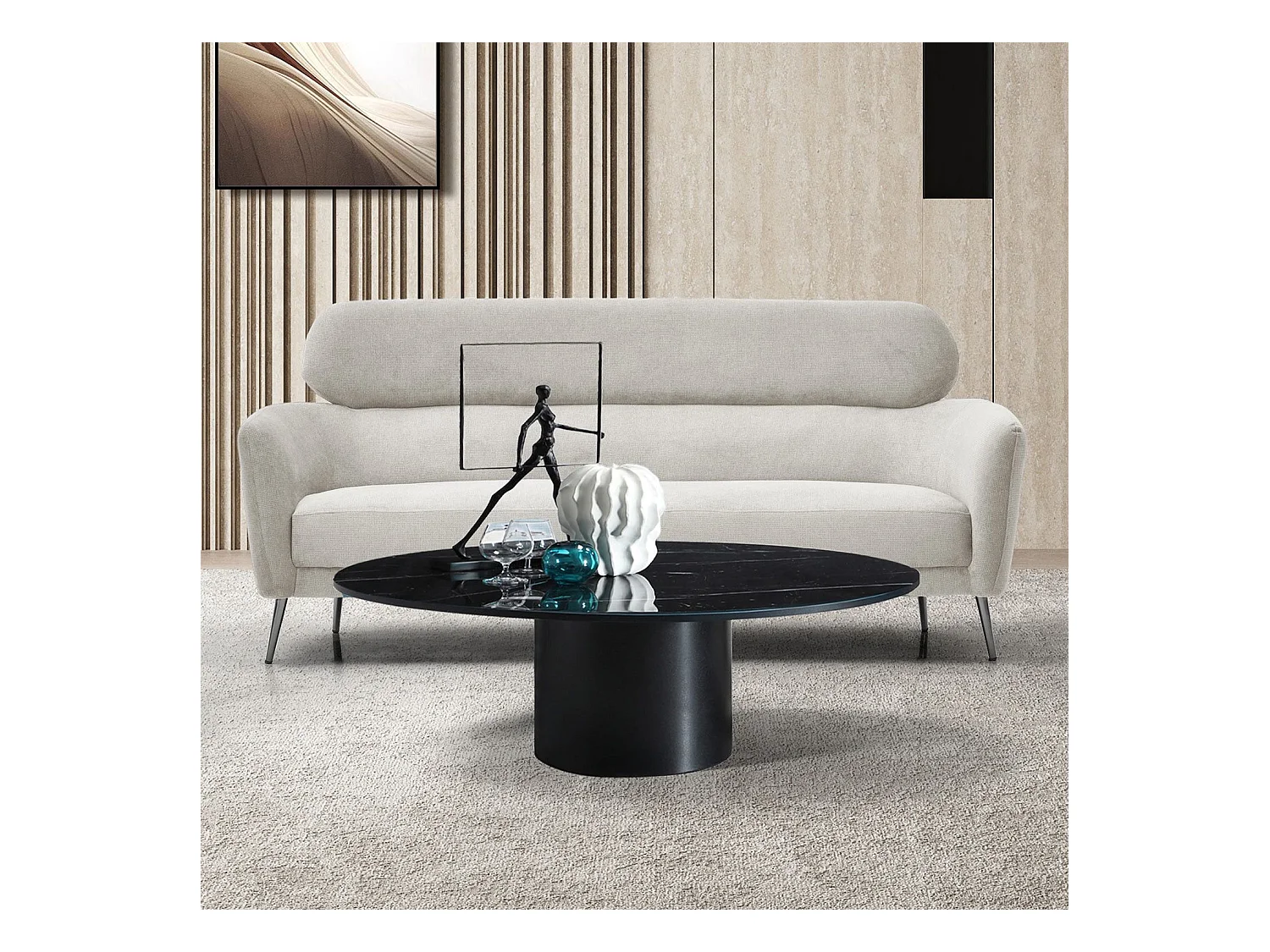 Canapé 3 places moderne avec haut dossier Damigal Tissu doux Beige