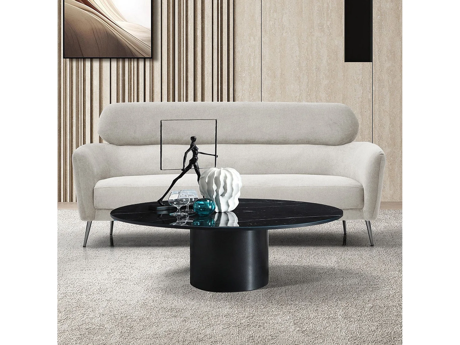 Canapé 3 places moderne avec haut dossier Damigal Tissu doux Beige