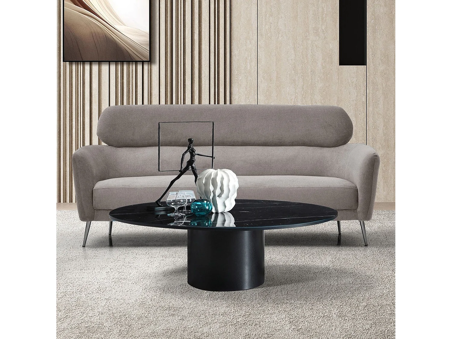 Canapé 3 places moderne avec haut dossier Damigal Tissu doux Gris taupe