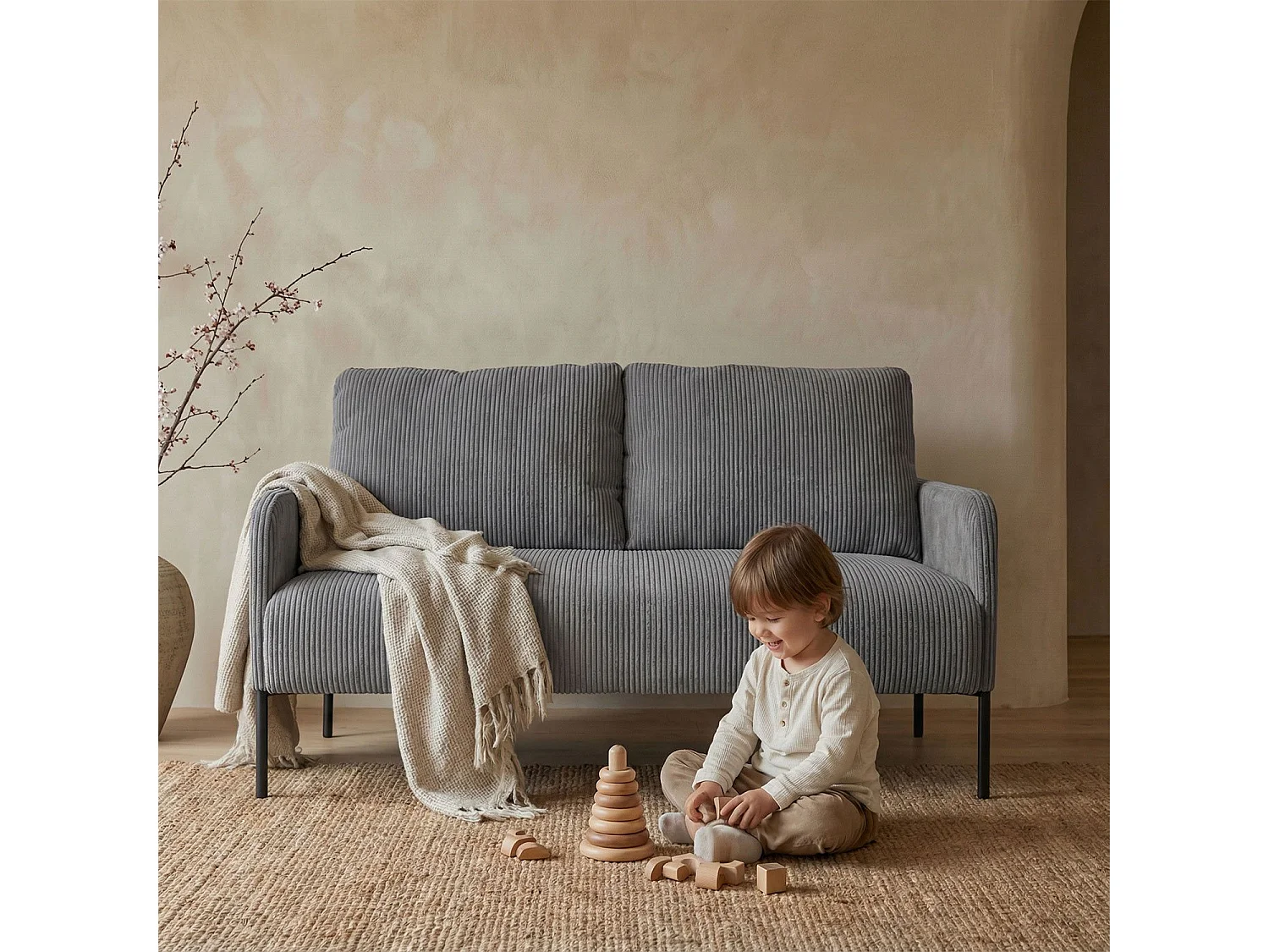 Canapé 2 places moderne et élégant Manuelo Velours côtelé Gris foncé