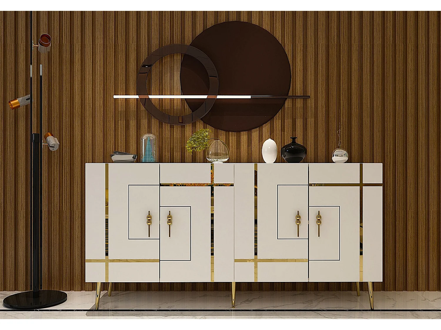 Aparador – 150cm x 75cm x 35cm – Blanco y Dorado – Tablero de Partículas