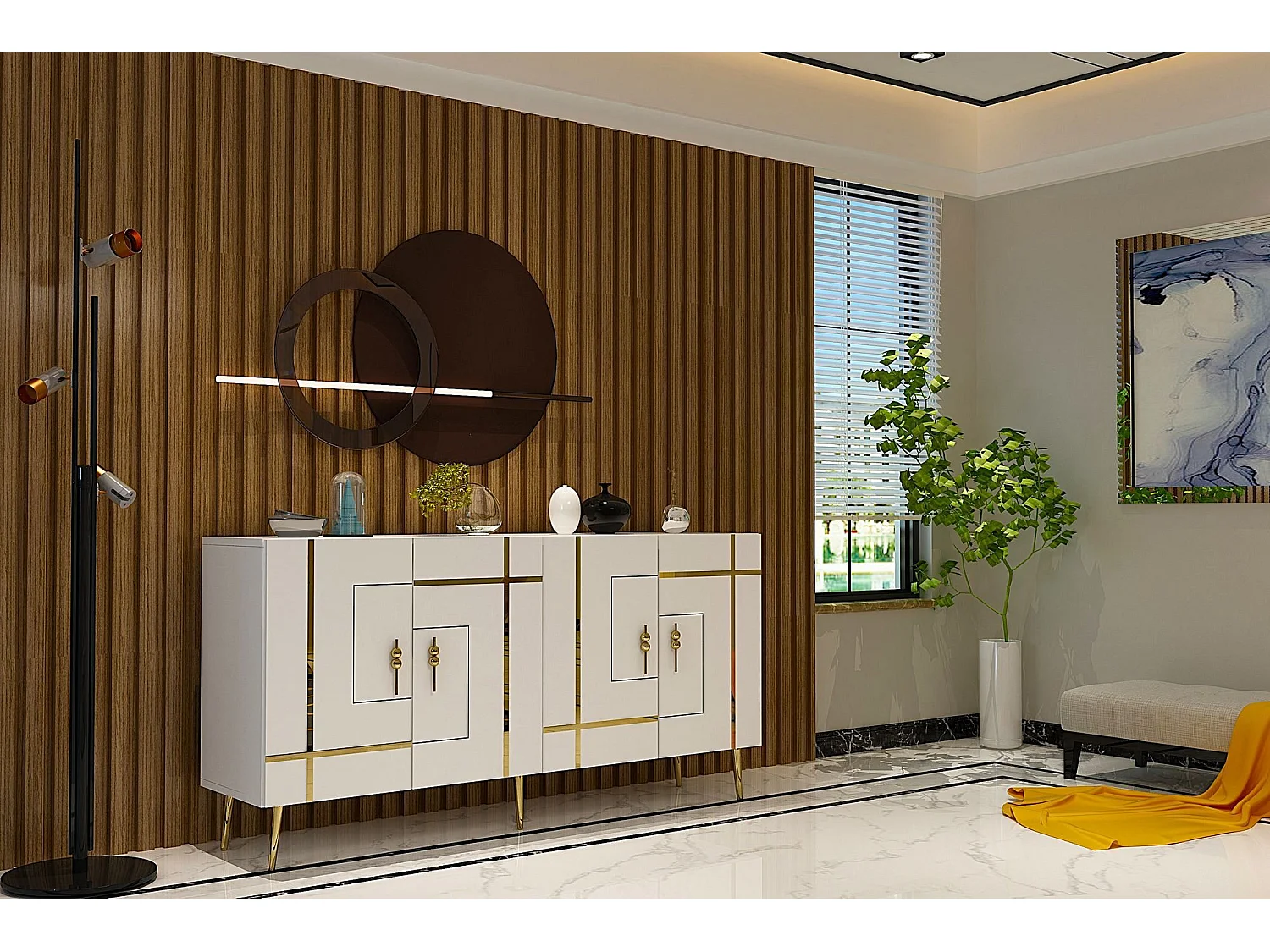 Aparador – 150cm x 75cm x 35cm – Blanco y Dorado – Tablero de Partículas