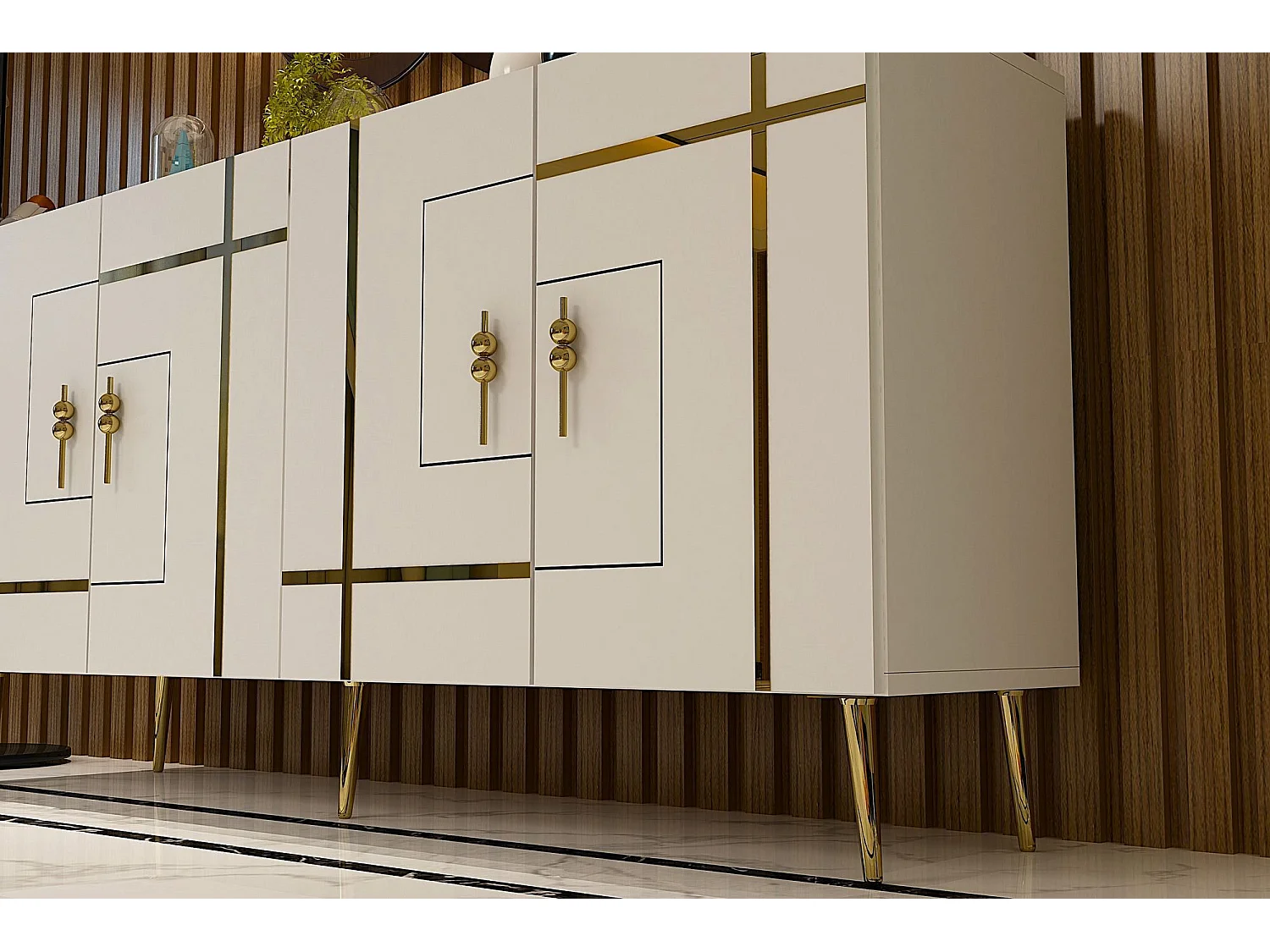 Aparador – 150cm x 75cm x 35cm – Blanco y Dorado – Tablero de Partículas