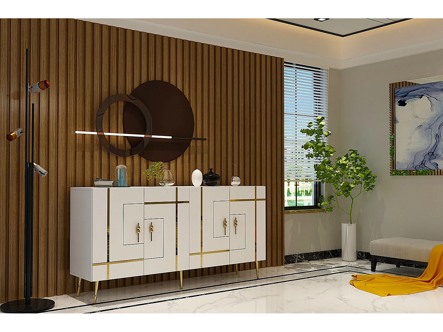 Aparador – 150cm x 75cm x 35cm – Blanco y Dorado – Tablero de Partículas