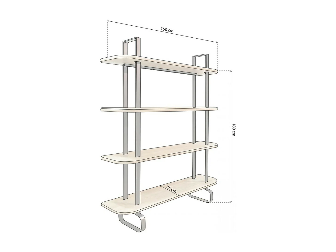 Estantería alta de 180x150x35 cm con 4 estantes y estructura metálica en negro Moonie
