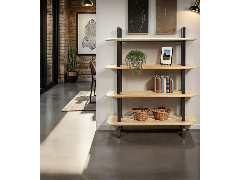 Estantería alta de 180x150x35 cm con 4 estantes y estructura metálica en negro Moonie