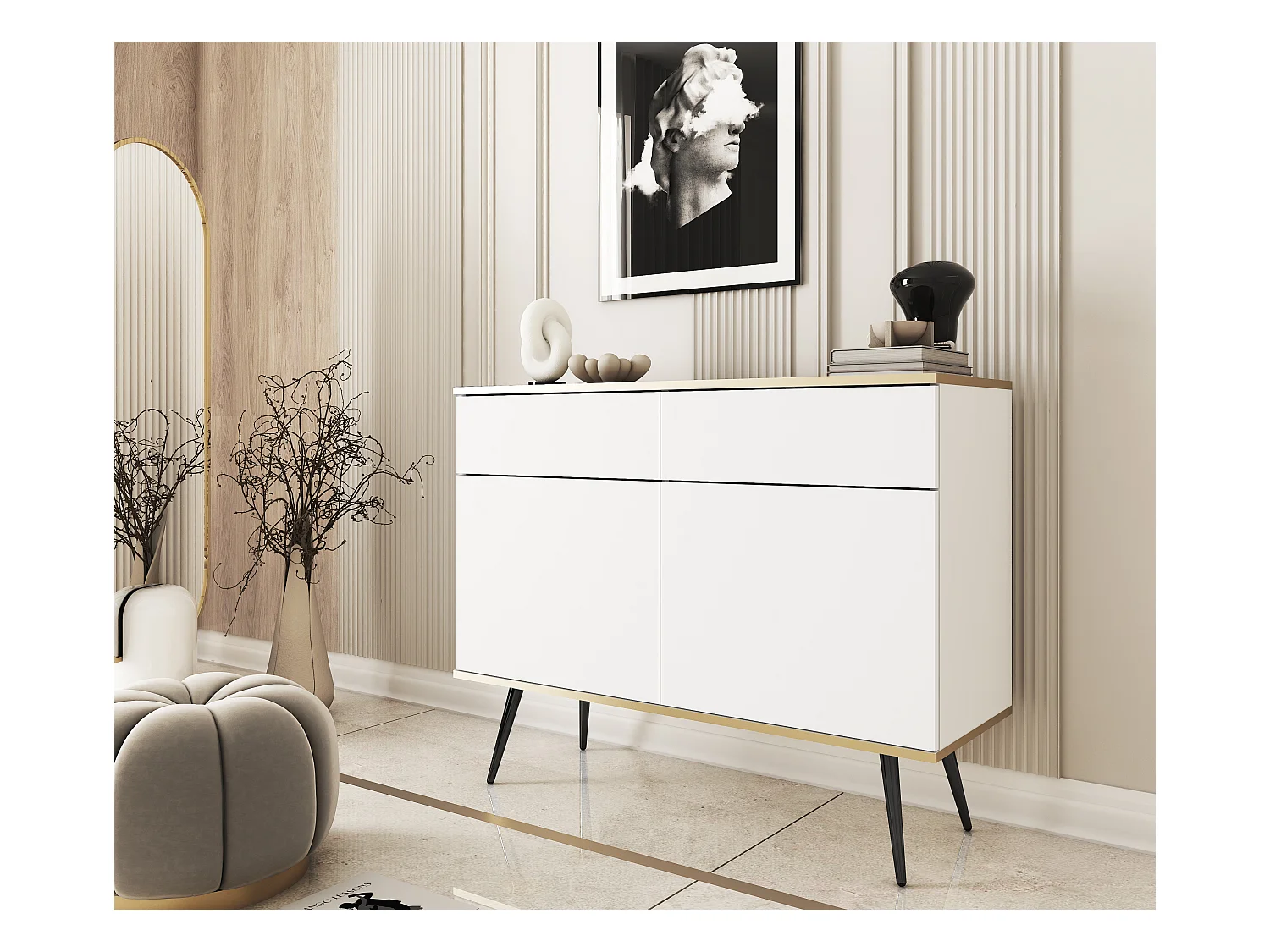 Commode KSZ-107 avec Tiroirs 107x85x39 cm – Blanc Brillant, Buffet Push-to-Open, Pieds Métal 23 cm, Panneau Stratifié 16 mm, Anti-Rayures
