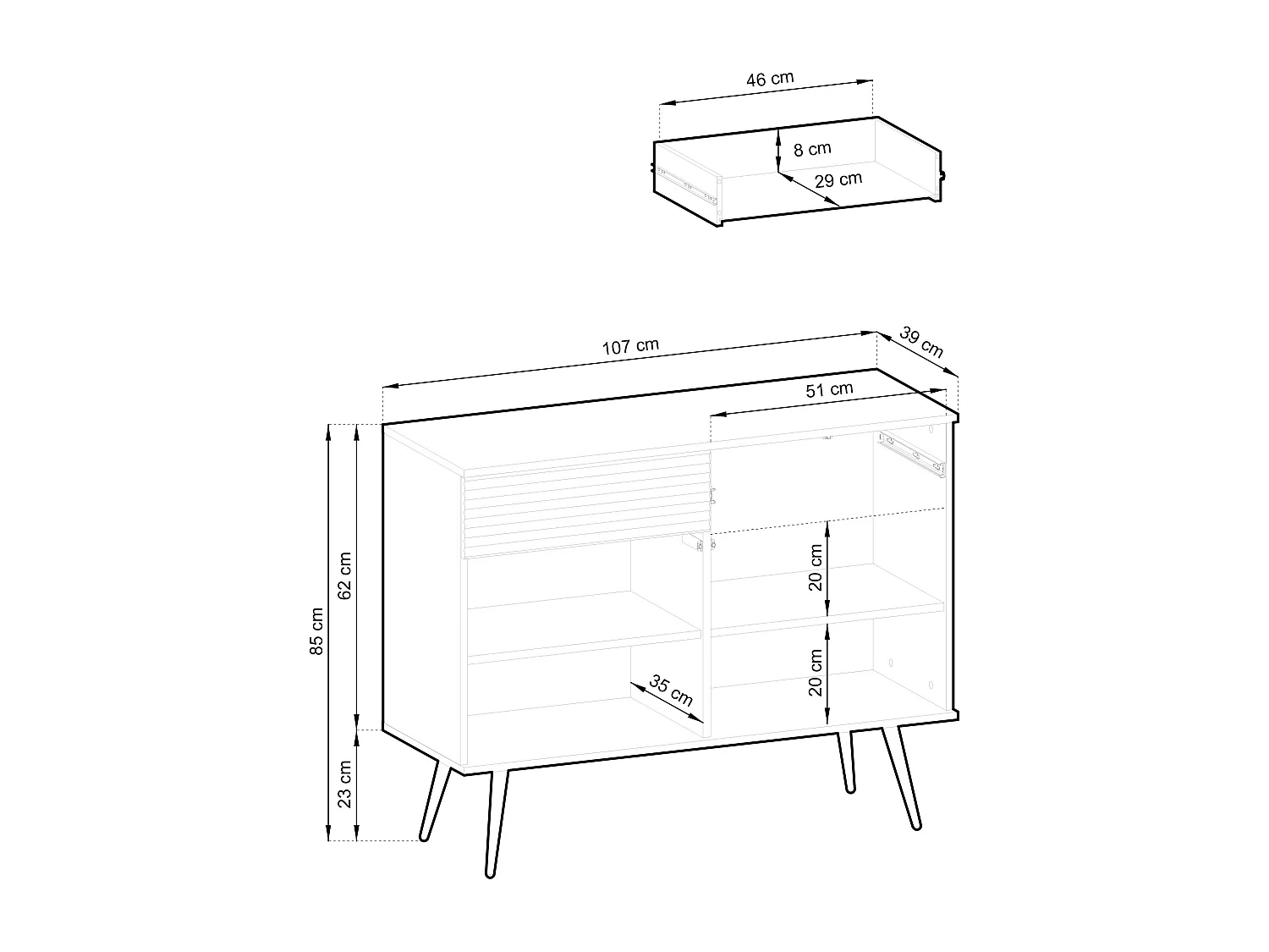 KOMMODE KSZ-107 Mit Schubladen 107x85x39 cm – Weiß Hochglanz Anrichte Mit Push-To-Open, Metallfüße 23 cm, Laminierte Platte 16 mm Kratzfeste Platte