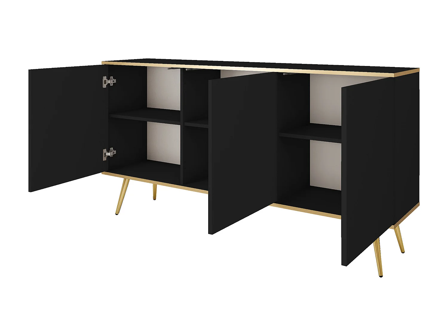 Komoda ORO K-160 nowoczesna 160 cm szeroka, czarna, 2 drzwi, 2 szuflady, Push-to-Open, złote metalowe nogi 23 cm, laminat 16 mm