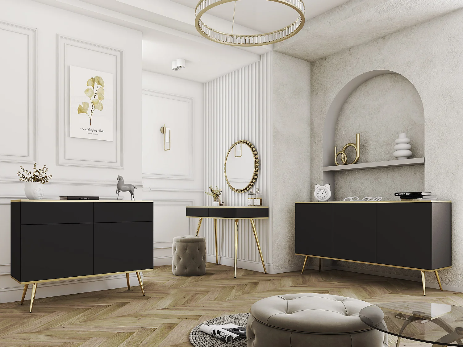 Commode ORO K-160 Moderne 160 cm Large Noir, 2 Portes, 2 Tiroirs, Push-to-Open, Pieds Métal Or 23 cm, Panneau Stratifié 16 mm