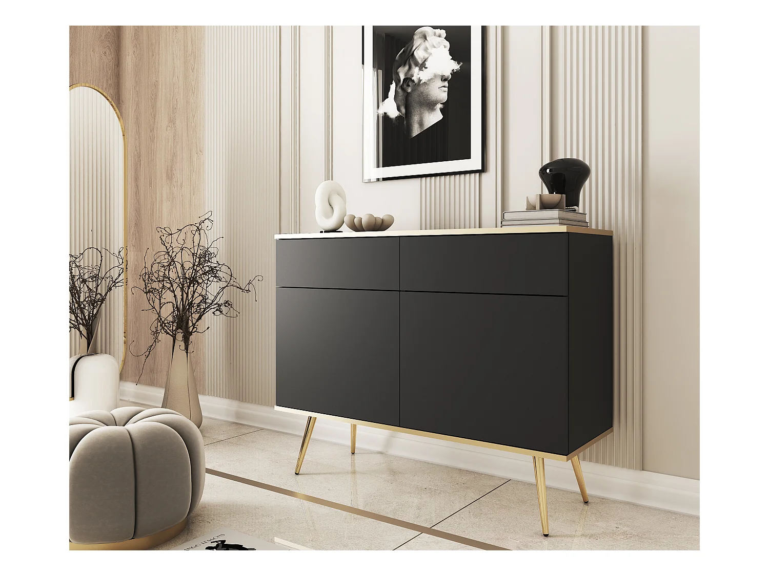 Commode KSZ-107 avec Tiroirs 107x85x39 cm – Noir Brillant, Buffet Push-to-Open, Pieds Métal 23 cm, Panneau Stratifié 16 mm, Anti-Rayures