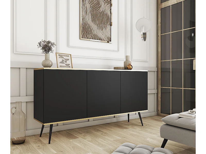 Dressoir ORO K-160 Modern 160 cm Breed Zwart, 2 Deuren, 2 Lades, Push-to-Open, Metalen Poten Zwart 23 cm, Gelamineerd Paneel 16 mm