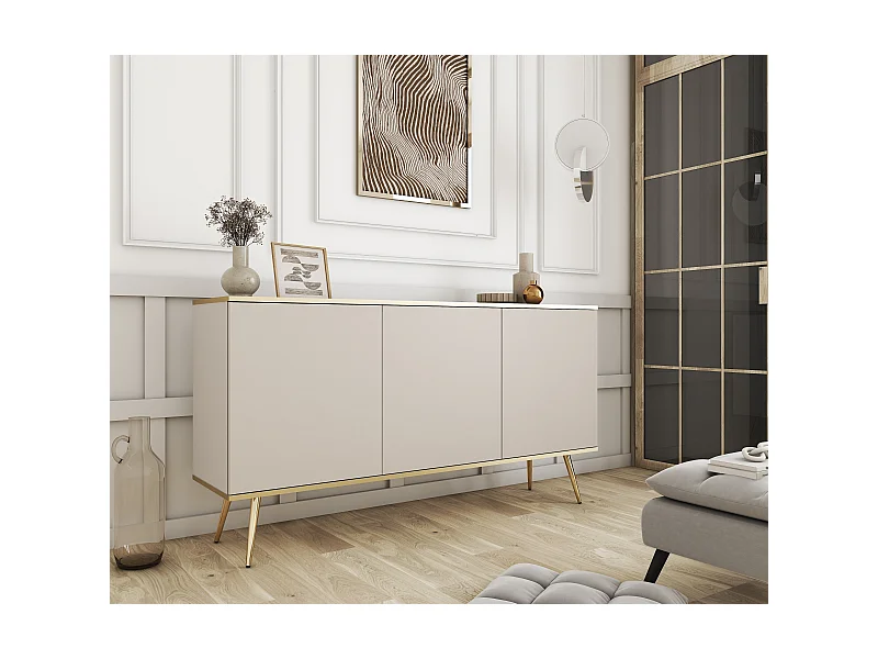 Commode ORO K-160 Moderne 160 cm Large Beige, 2 Portes, 2 Tiroirs, Push-to-Open, Pieds Métal Or 23 cm, Panneau Stratifié 16 mm